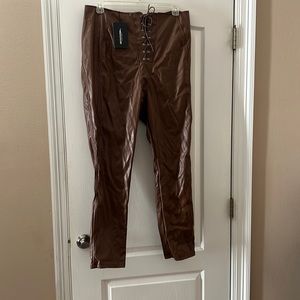 Brown lace up faux leather pants